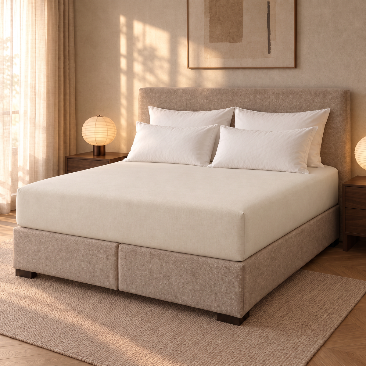 Bügelfreies Spannbettlaken beige mit 30 cm Steghöhe auf Boxspringbett mit Topper im Schlafzimmer