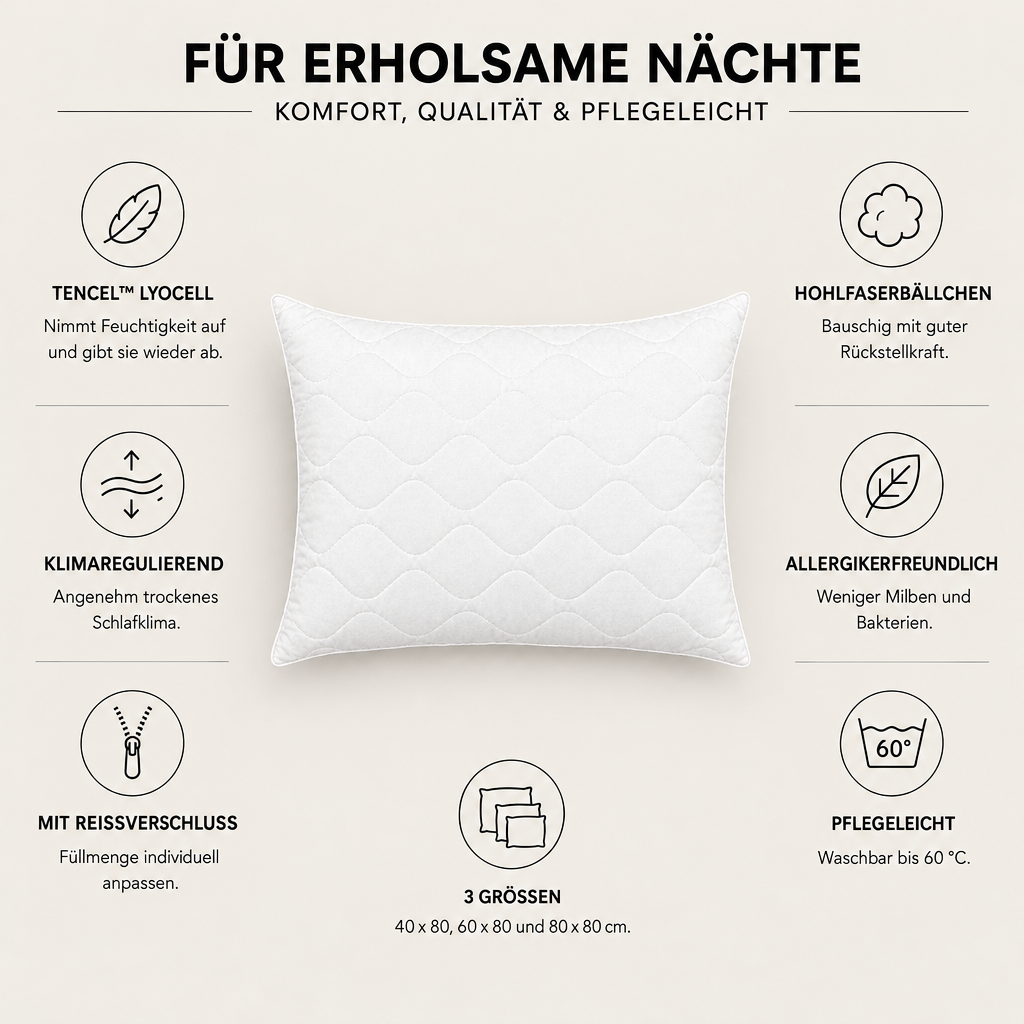 TENCEL™ Kopfkissen – klimaregulierend mit Reißverschluss – Eigenschaften im Überblick