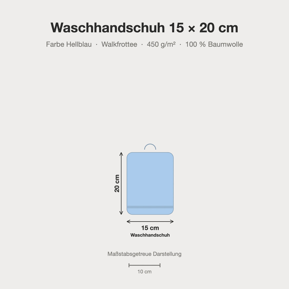 Größenvergleich: Waschhandschuh 15 x 20 cm in Hellblau – maßstabsgetreue Infografik