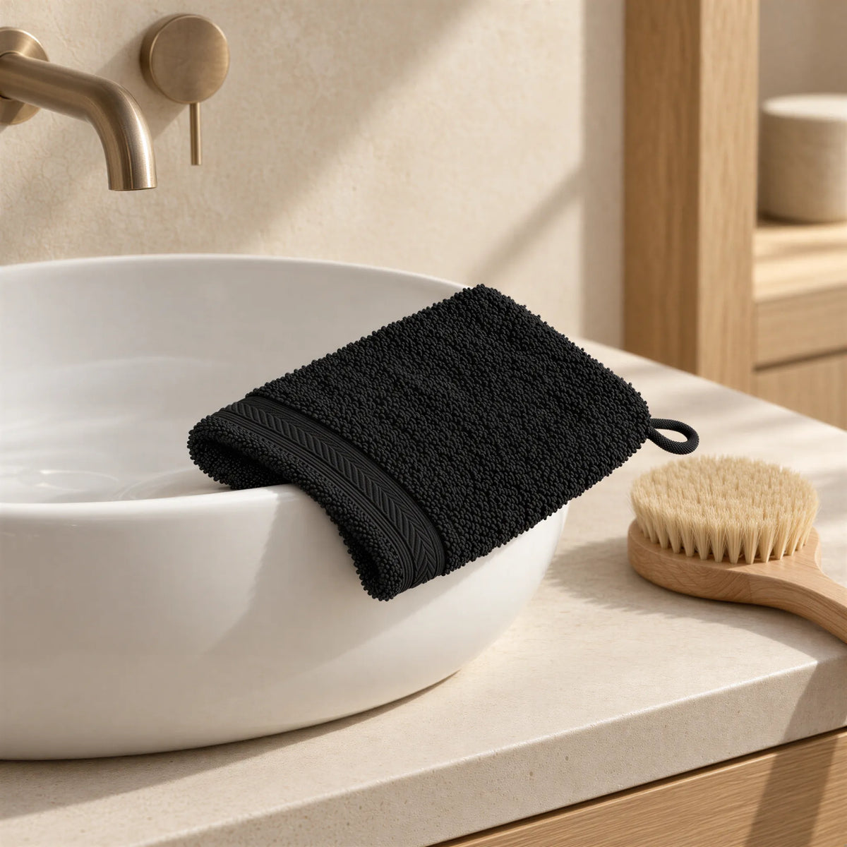 Waschhandschuh Schwarz aus Walkfrottee im hellen Badezimmer