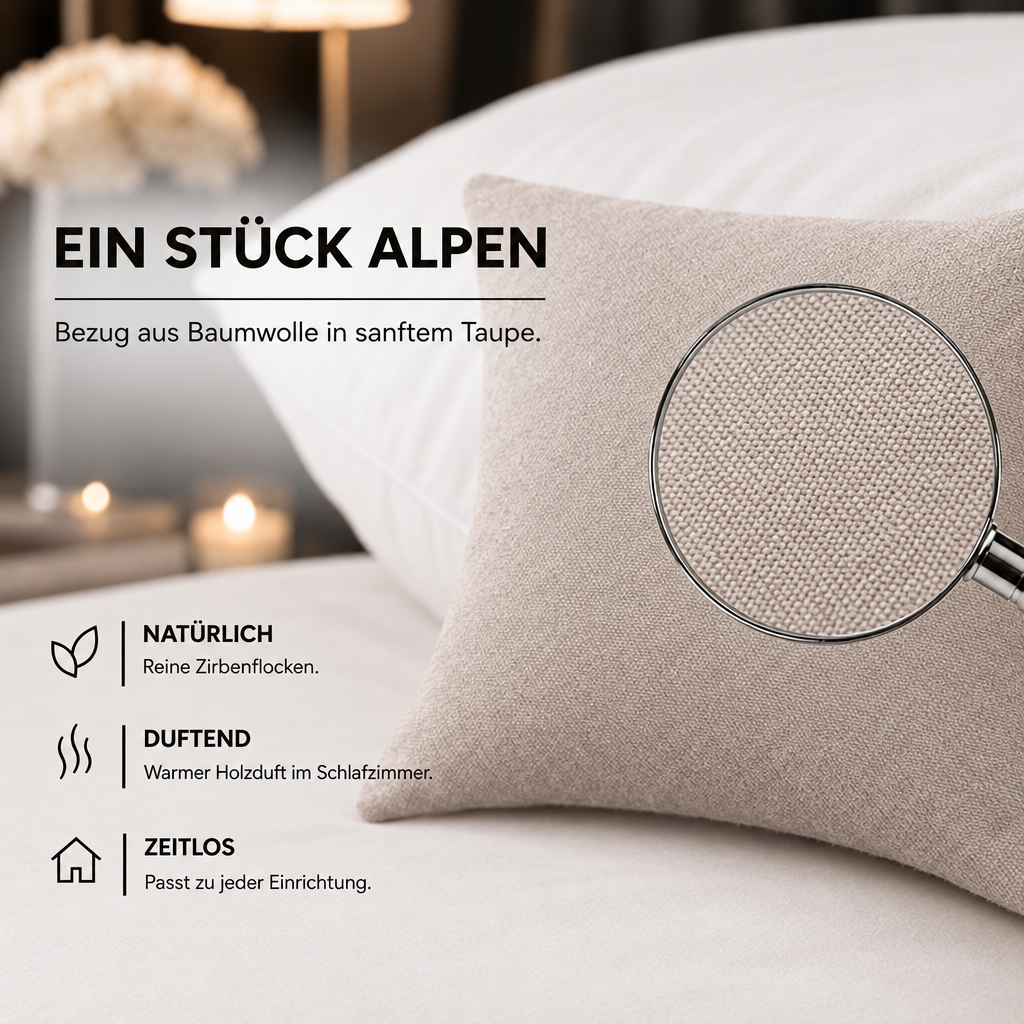 Zirbenkissen 25x25 mit Zirbenflocken – Detailansicht mit Lupe