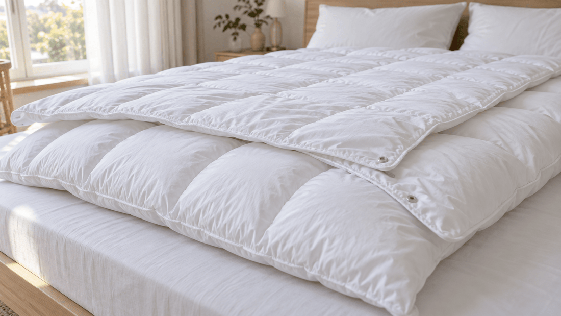 4-Jahreszeiten-Bettdecke: dünne Sommerdecke und dickere Decke nebeneinander auf einem Bett