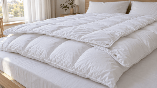4-Jahreszeiten-Bettdecke: dünne Sommerdecke und dickere Decke nebeneinander auf einem Bett