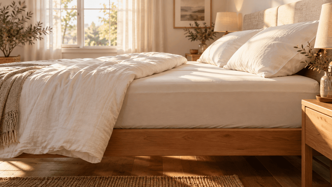 Doppelbett mit Spannbettlaken über Matratze und Topper