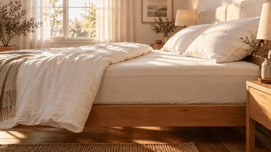 Doppelbett mit Spannbettlaken über Matratze und Topper