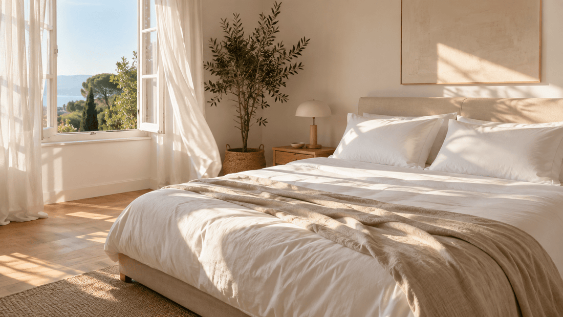 Kühlendes Spannbettlaken aus weißer Baumwolle auf einem Doppelbett im Sommer
