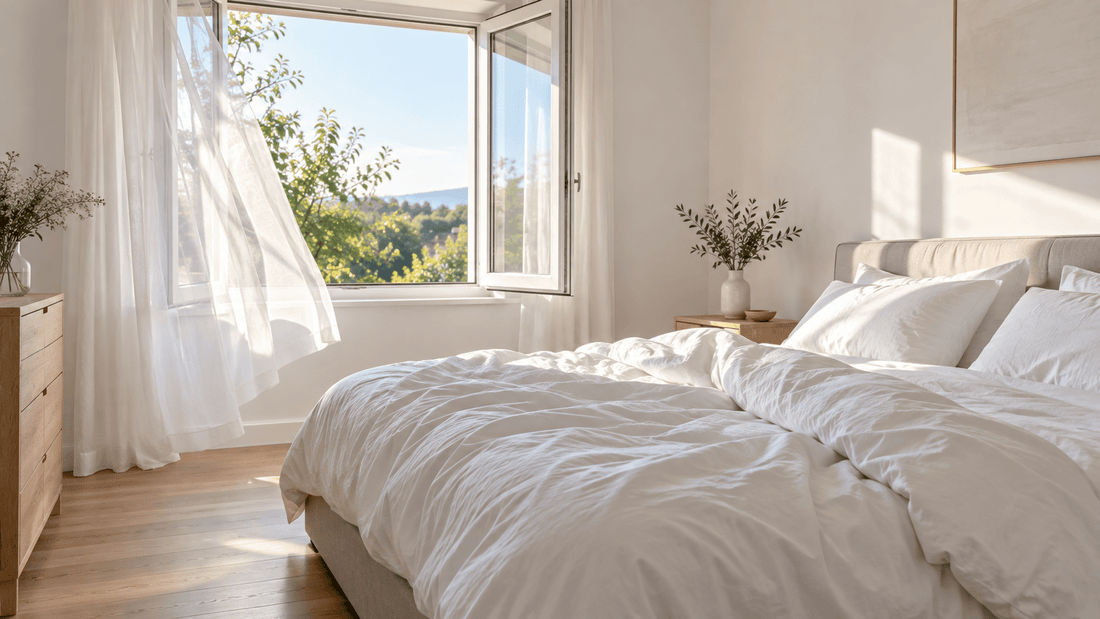 Zurückgeschlagene Allergiker Bettdecke in einem hellen Schlafzimmer mit geöffnetem Fenster