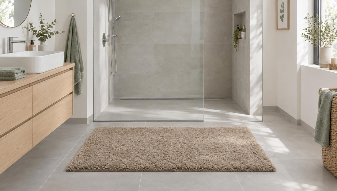 Großer Badteppich in Sandbeige vor einer bodengleichen Dusche in einem hellen Badezimmer