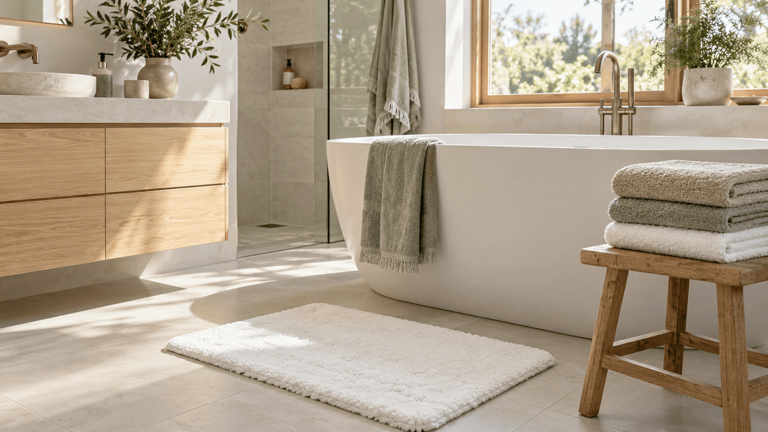 Badvorleger waschen: frisch gewaschene Badematte aus Walkfrottee vor der Badewanne