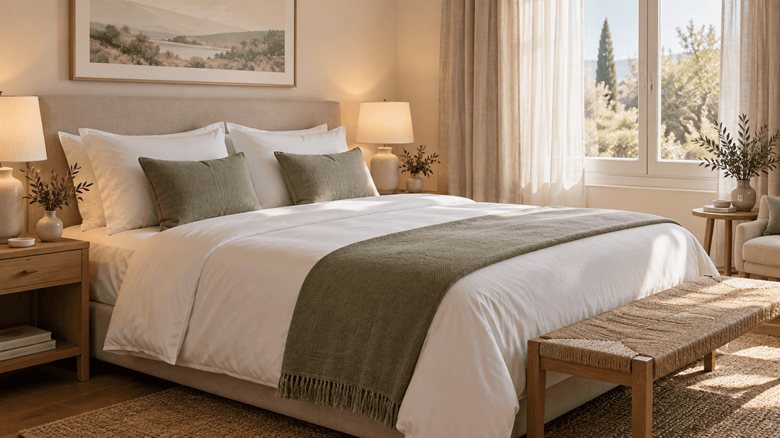 Perfekt gemachtes Bett wie im Hotel mit weißer Bettwäsche, dicker Bettdecke und Bettläufer