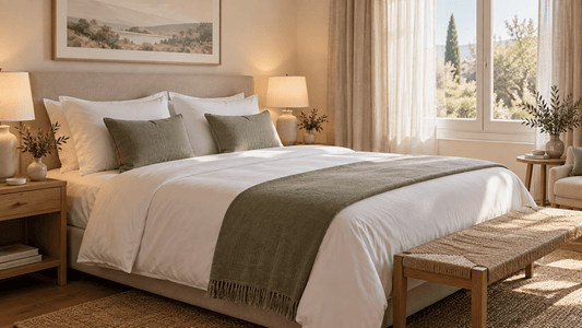 Perfekt gemachtes Bett wie im Hotel mit weißer Bettwäsche, dicker Bettdecke und Bettläufer