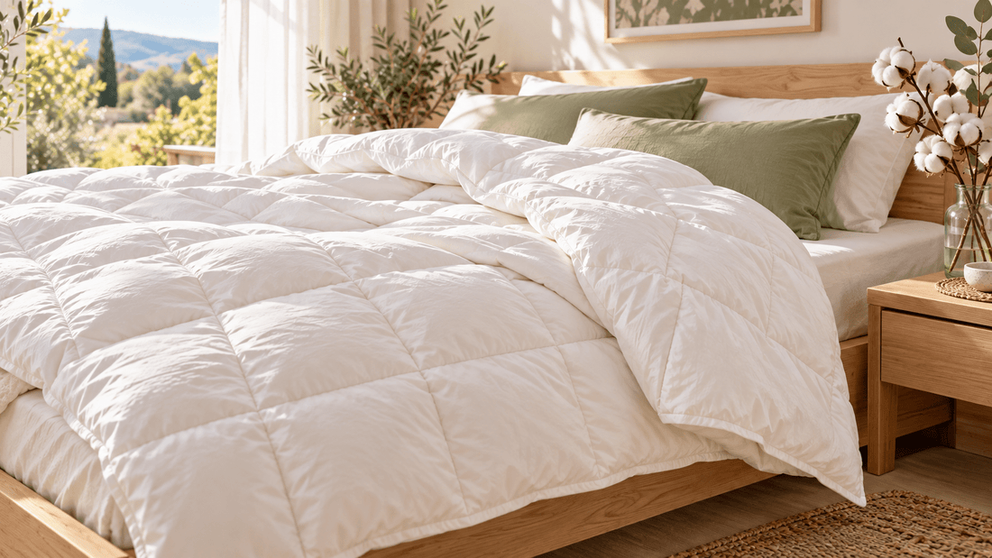 Bettdecke aus Baumwolle mit matter Hülle und Karosteppung auf einem hellen Holzbett