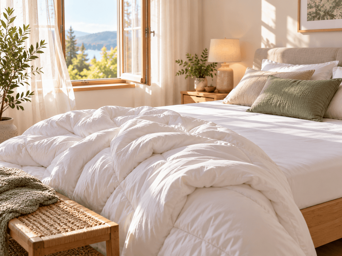 Bettdecke wechseln: alte, flache Decke neben einer neuen, bauschigen Bettdecke