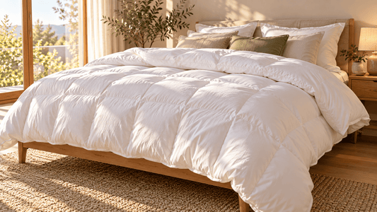 Bettdecke wie im Hotel: dicke, bauschige weiße Bettdecke auf einem Doppelbett