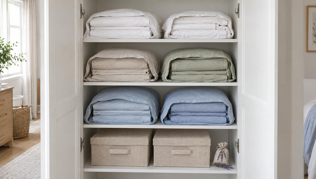 Bettwäsche aufbewahren: ordentlicher Wäscheschrank mit Bettwäsche-Sets in Kissenbezügen und Stoffboxen