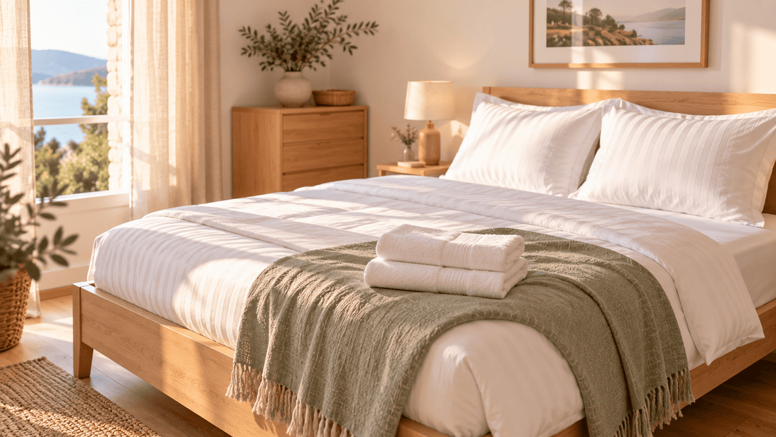 Bettwäsche Ferienwohnung: frisch bezogenes Bett mit weißer Bettwäsche und Spannbettlaken
