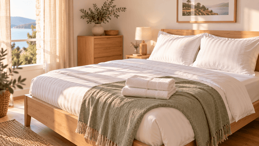 Bettwäsche Ferienwohnung: frisch bezogenes Bett mit weißer Bettwäsche und Spannbettlaken