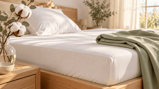 Bio-Spannbettlaken aus Bio-Baumwolle in Naturweiß auf einem Holzbett