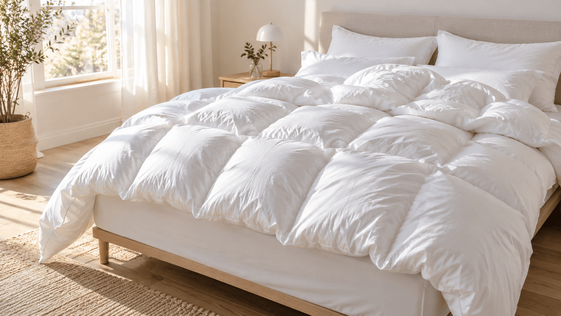 Frisch gewaschene, bauschige weiße Daunendecke liegt aufgeschüttelt auf einem Bett