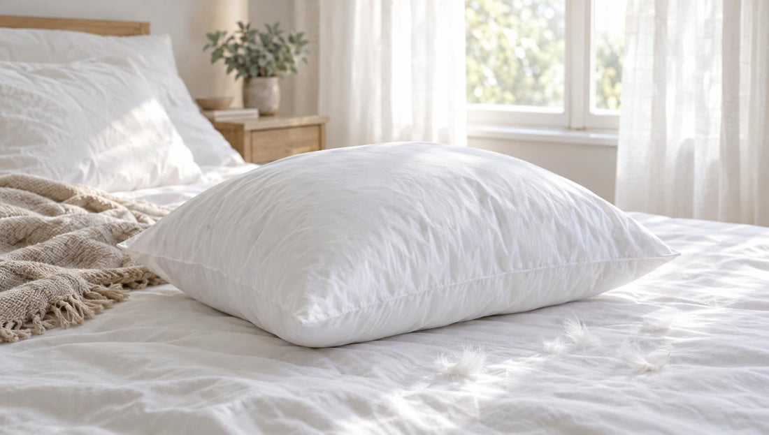 Frisch gewaschenes, aufgeschütteltes Daunenkissen auf einem Bett