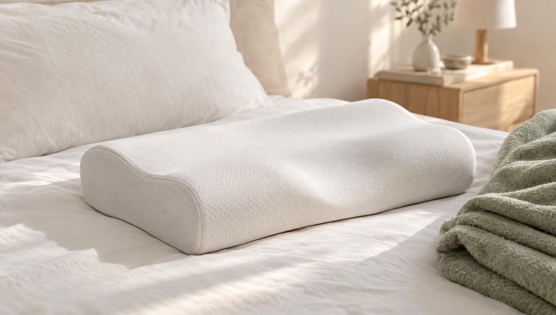 Ergonomisches Kopfkissen aus Memory-Schaum mit Nackenwelle auf einem hellen Bett