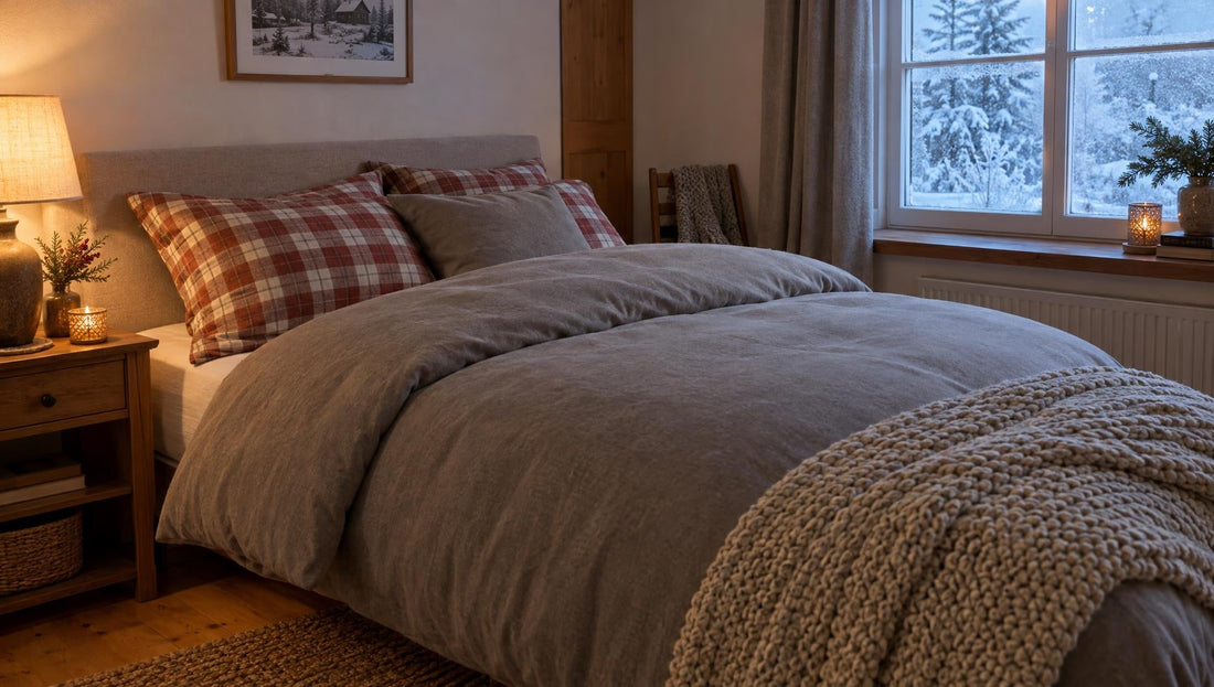 Winterbettwäsche aus Biber und kariertem Flanell auf einem gemütlichen Doppelbett am Winterabend