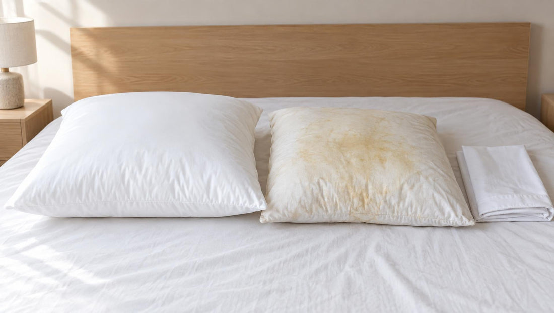 Neues weißes Kopfkissen neben einem alten Kissen mit gelben Flecken