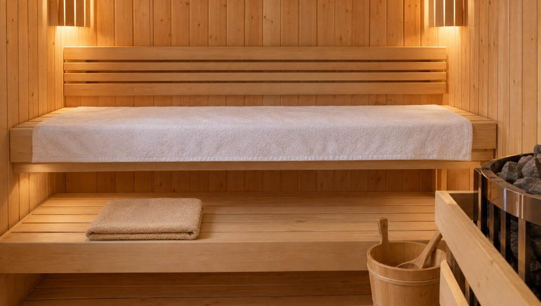 Handtuch in der Sauna: Saunatuch als Unterlage auf der Saunabank ausgebreitet