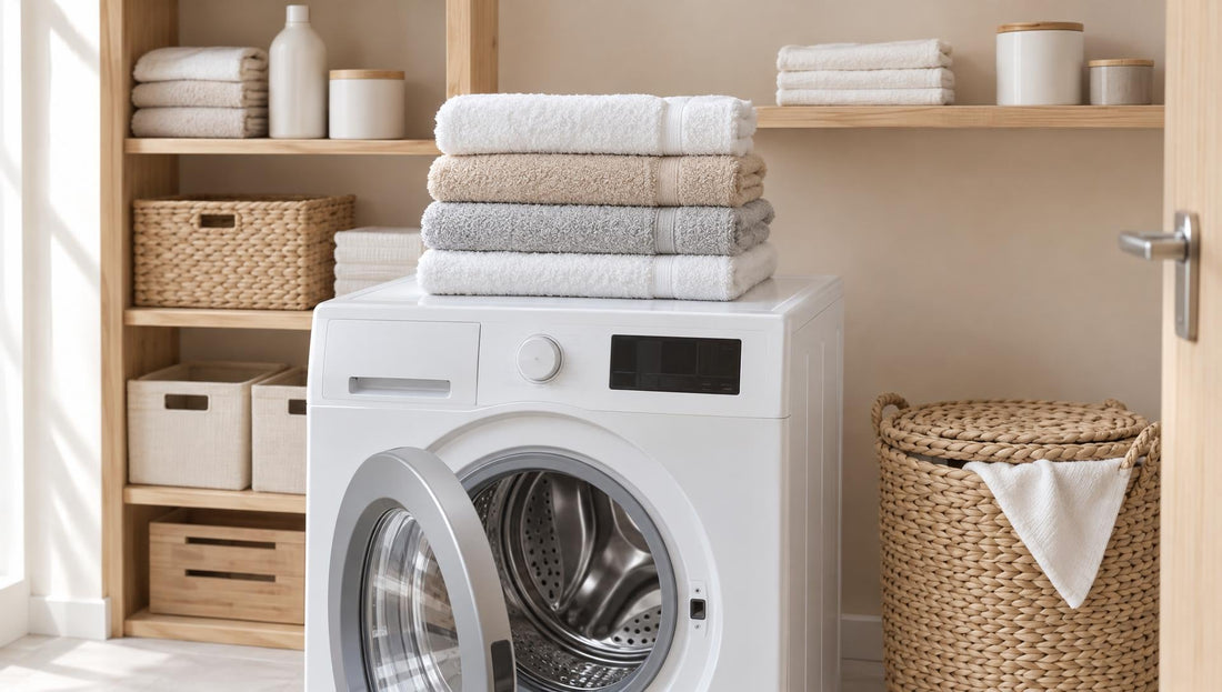 Neue Handtücher auf der Waschmaschine, damit Handtücher nach den ersten Wäschen nicht mehr fusseln