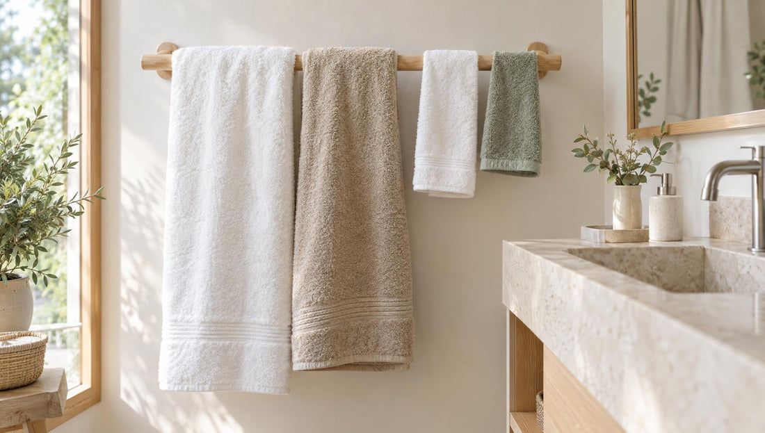 Frische Handtücher an einer Handtuchstange im Badezimmer