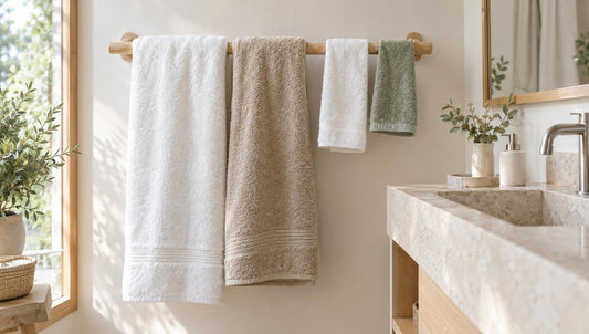 Frische Handtücher an einer Handtuchstange im Badezimmer
