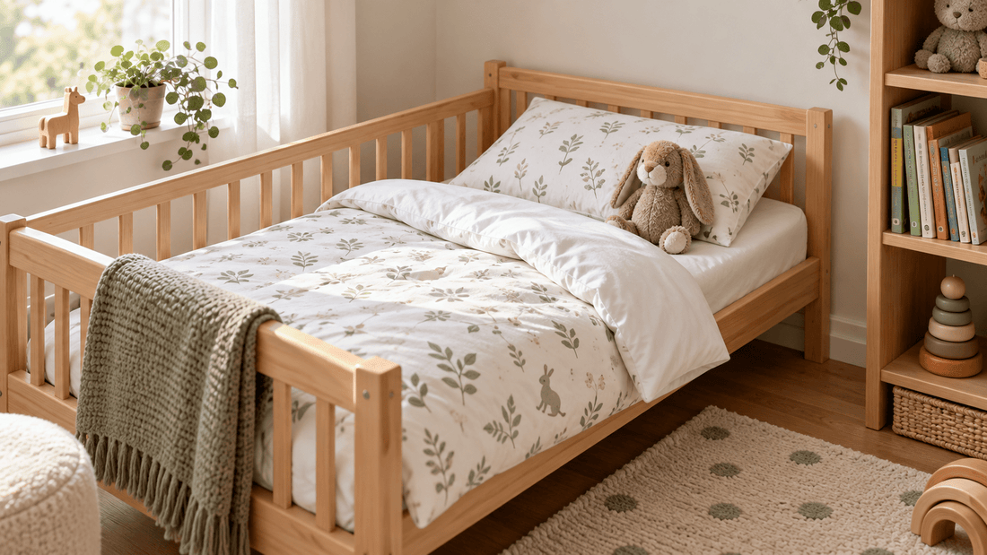 Kinderbettdecke mit Kissen in einem Kinderbett im hellen Kinderzimmer