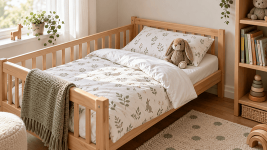 Kinderbettdecke mit Kissen in einem Kinderbett im hellen Kinderzimmer