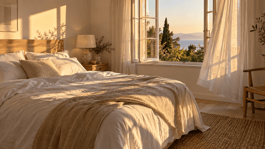 Leichte kühlende Bettdecke auf einem Bett in einem sommerlichen Schlafzimmer mit geöffnetem Fenster