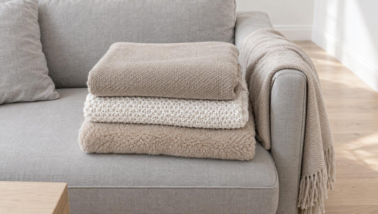 Kuscheldecke, Fleecedecke und Wohndecke aus Fleece, Baumwolle und Wolle gestapelt auf einem Sofa