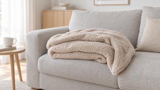 Frisch gewaschene beige Kuscheldecke aus Fleece auf einem hellgrauen Sofa