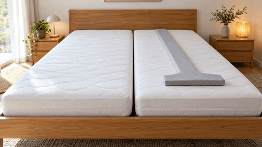 Doppelbett mit zwei Matratzen und sichtbarer Besucherritze in der Mitte, daneben eine Liebesbrücke aus Schaumstoff