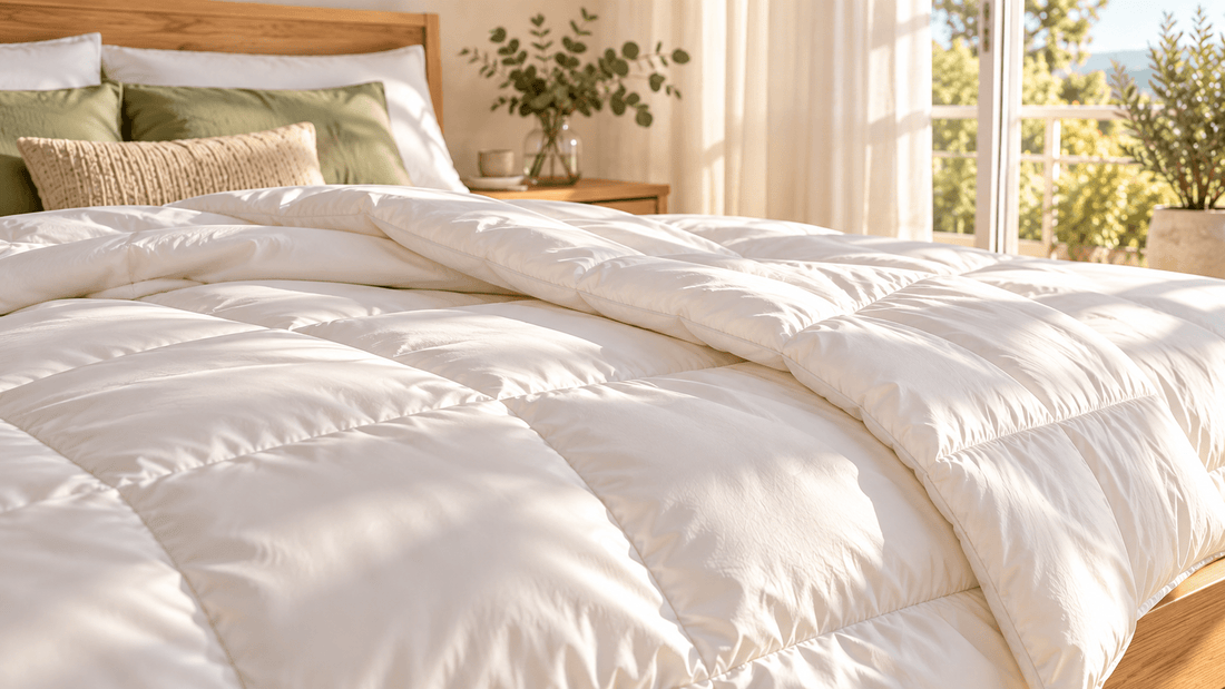Lyocell-Bettdecke aus Tencel mit glatter, seidig glänzender Oberfläche auf einem hellen Holzbett