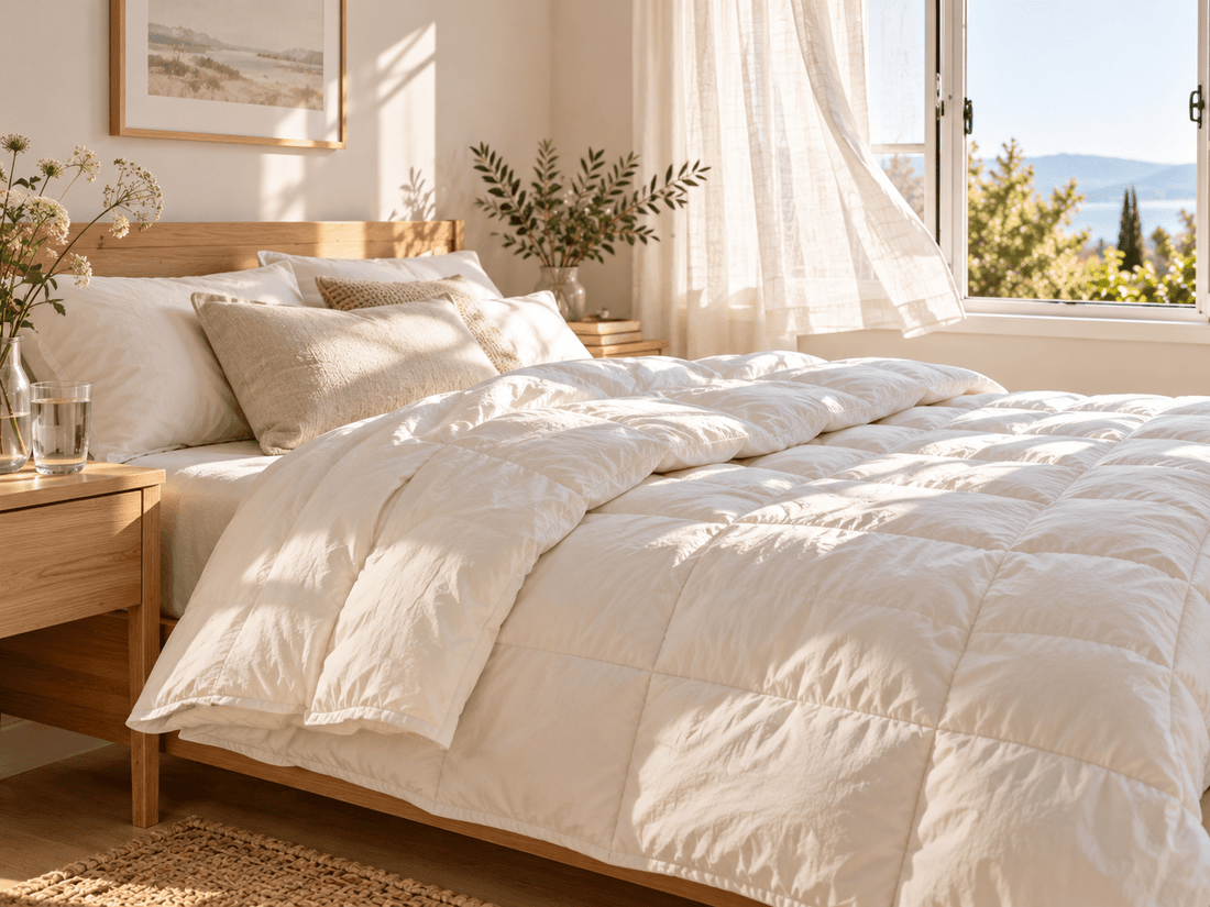 Musselin-Bettdecke in Beige als leichte Sommerdecke auf einem Doppelbett