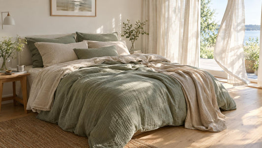 Doppelbett mit knittriger Musselin-Bettwäsche in Salbeigrün und Beige in einem hellen Sommerschlafzimmer