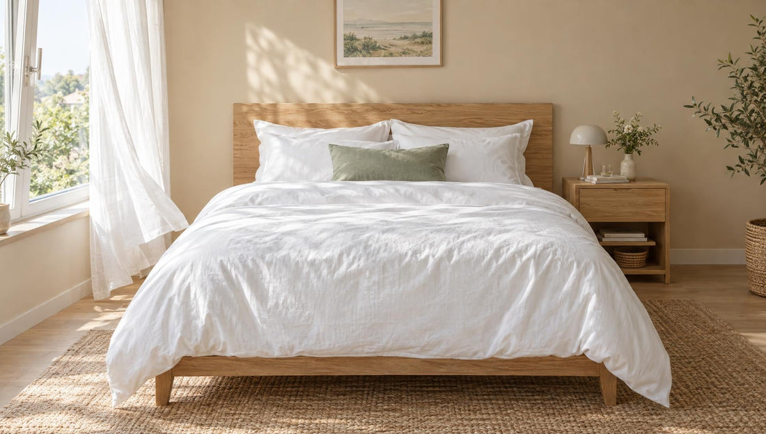 Doppelbett mit weißer, matter Perkal-Bettwäsche aus Baumwolle in einem hellen Sommer-Schlafzimmer
