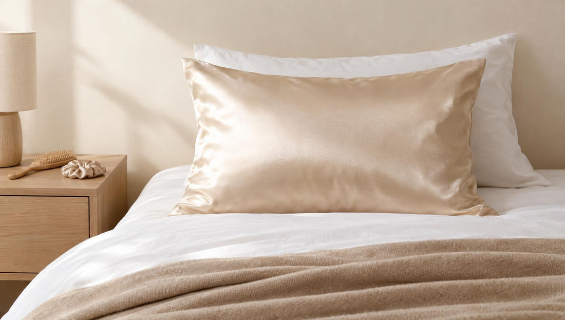 Kopfkissen mit glänzendem Satin-Kissenbezug für die Haare auf einem hellen Bett