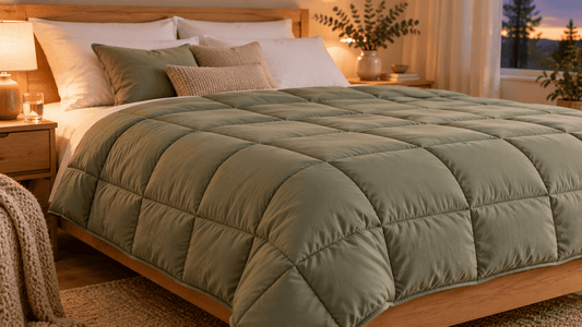 Schwere Bettdecke in Salbeigrün auf einem Bett im abendlichen Schlafzimmer