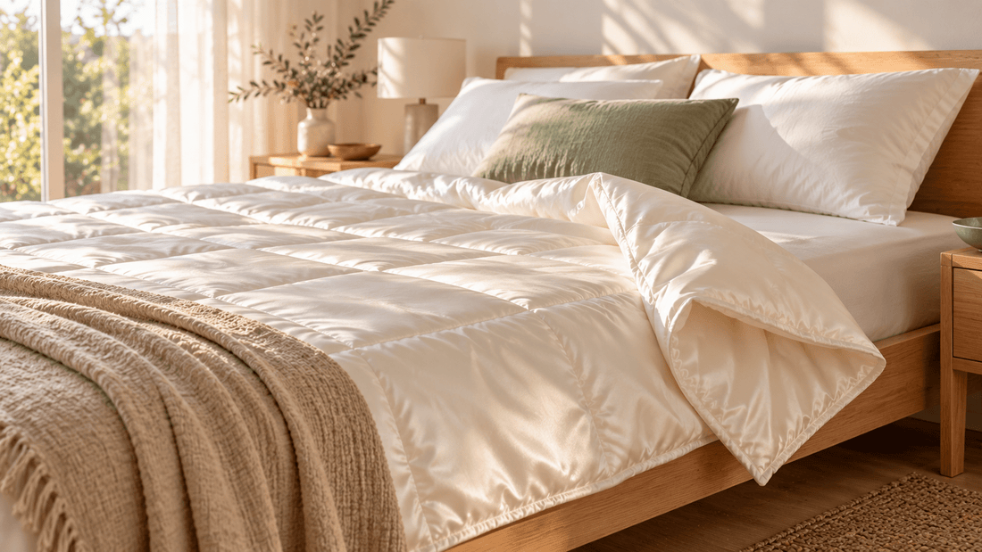 Leichte Seiden-Bettdecke mit Maulbeerseide-Füllung auf einem hellen Bett