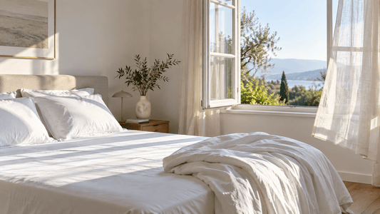 Frisch bezogenes Bett mit weißem Spannbettlaken und aufgeschlagener Decke vor einem geöffneten Fenster