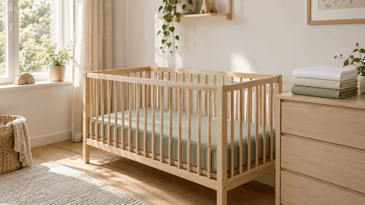 Spannbettlaken für Babybett 60x120 in Salbeigrün, straff gespannt im Kinderbett aus Holz