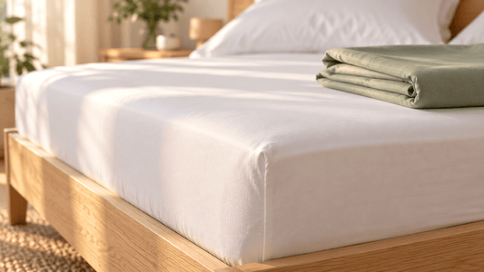 Spannbettlaken aus mercerisierter Baumwolle mit feinem Glanz auf einer Matratze