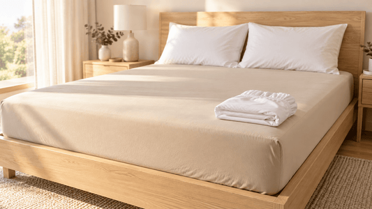 Spannbettlaken richtig aufgezogen: beiges Baumwoll-Spannbettlaken faltenfrei auf einem Doppelbett