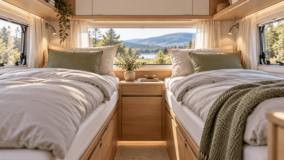 Spannbettlaken für Wohnmobil auf zwei Längsbetten im Heck eines Campers