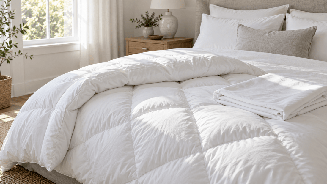 Weiße Steppdecke mit sichtbaren Steppnähten auf einem Bett neben einem gefalteten Bettbezug